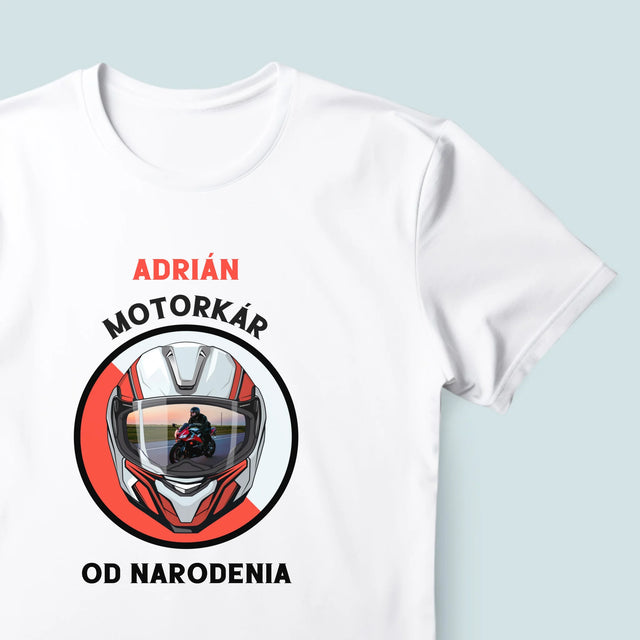 Zdjęcie I Podpis: Motocyklista Od Urodzenia - Koszulka Męska z Nadrukiem | SK