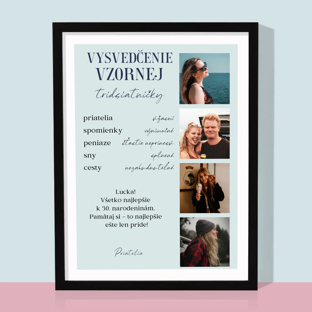Fotokolaż: Świadectwo Wzorowej Trzydziestolatki - Wydruk Obramowany | SK